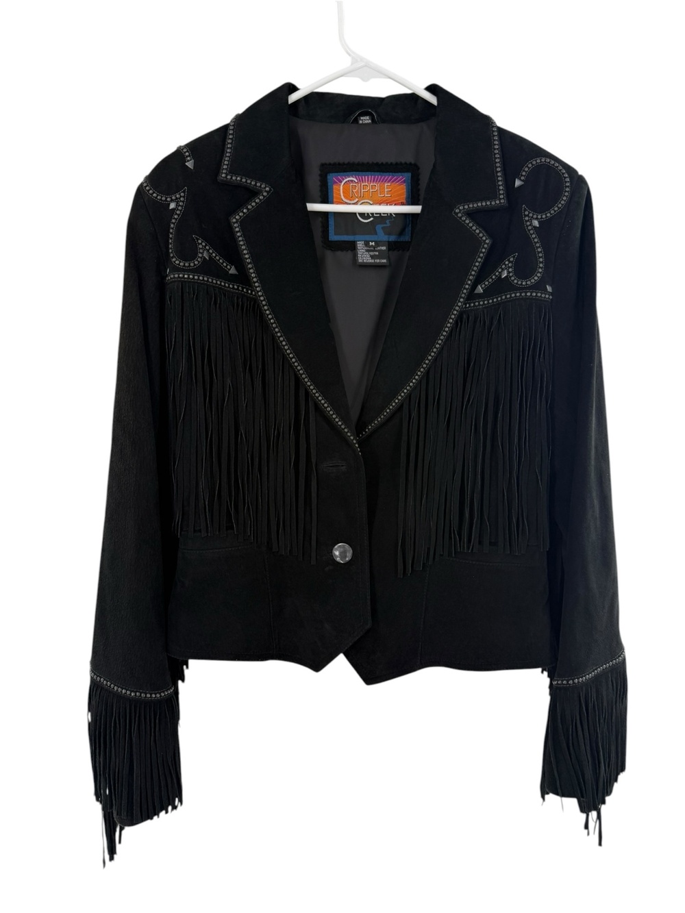 Cripple Creek Leather Jacket Womens Medium Black Fringe Studded Western